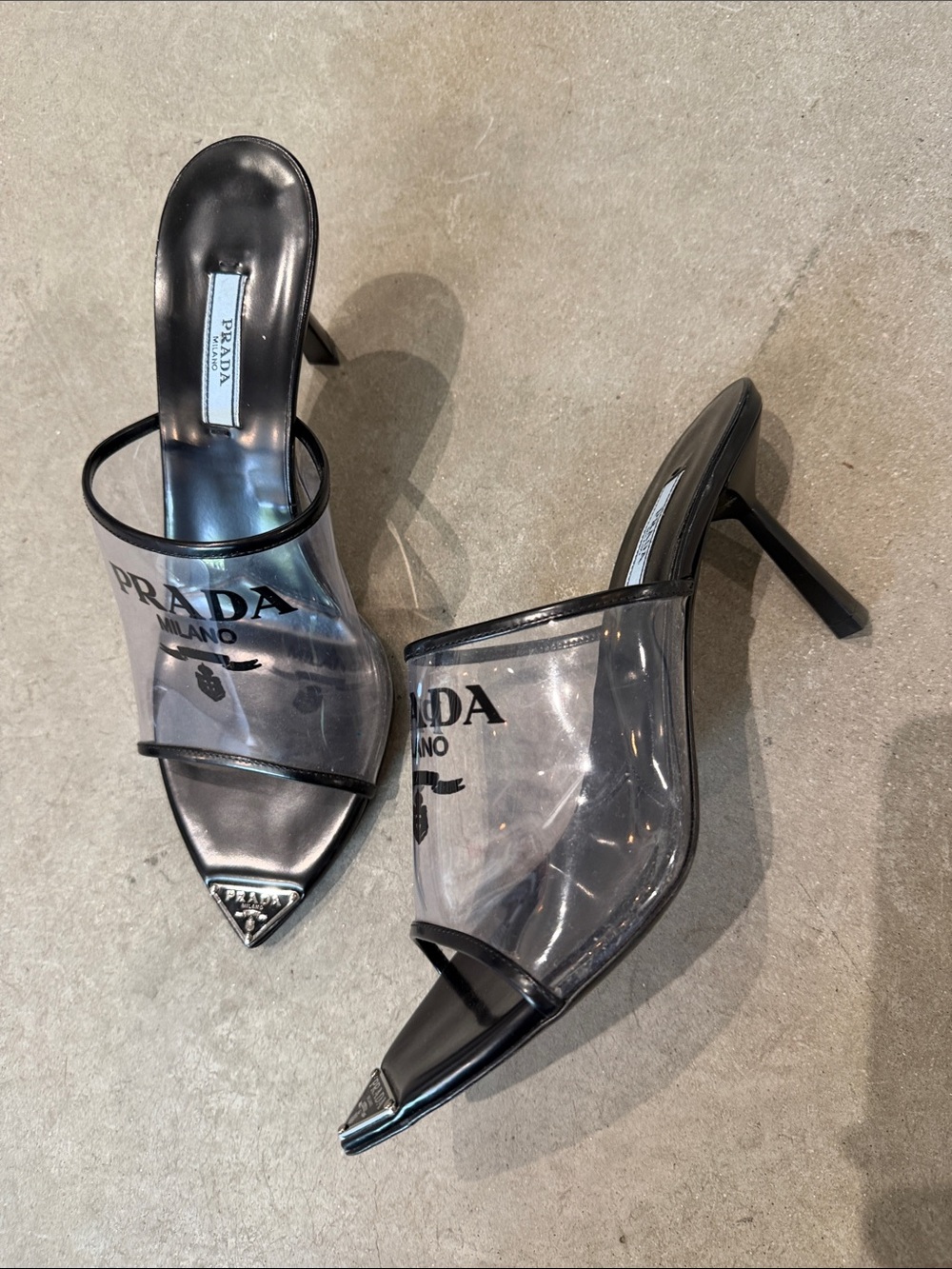 Prada Black Clear PVC Pointed Slide Heels